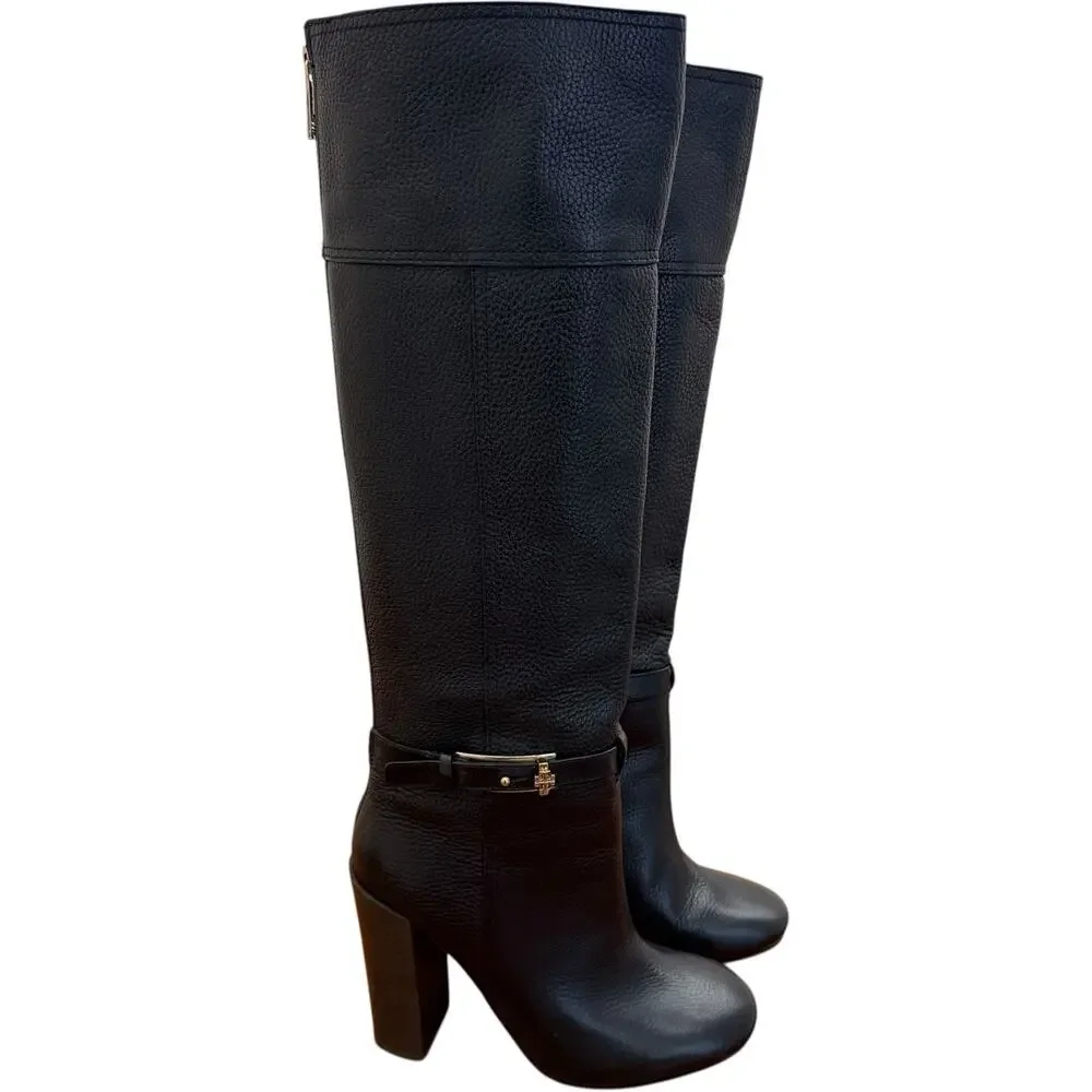 Tory Burch Jenna Black Pebbled Leather Knee High Boots Size 8.5